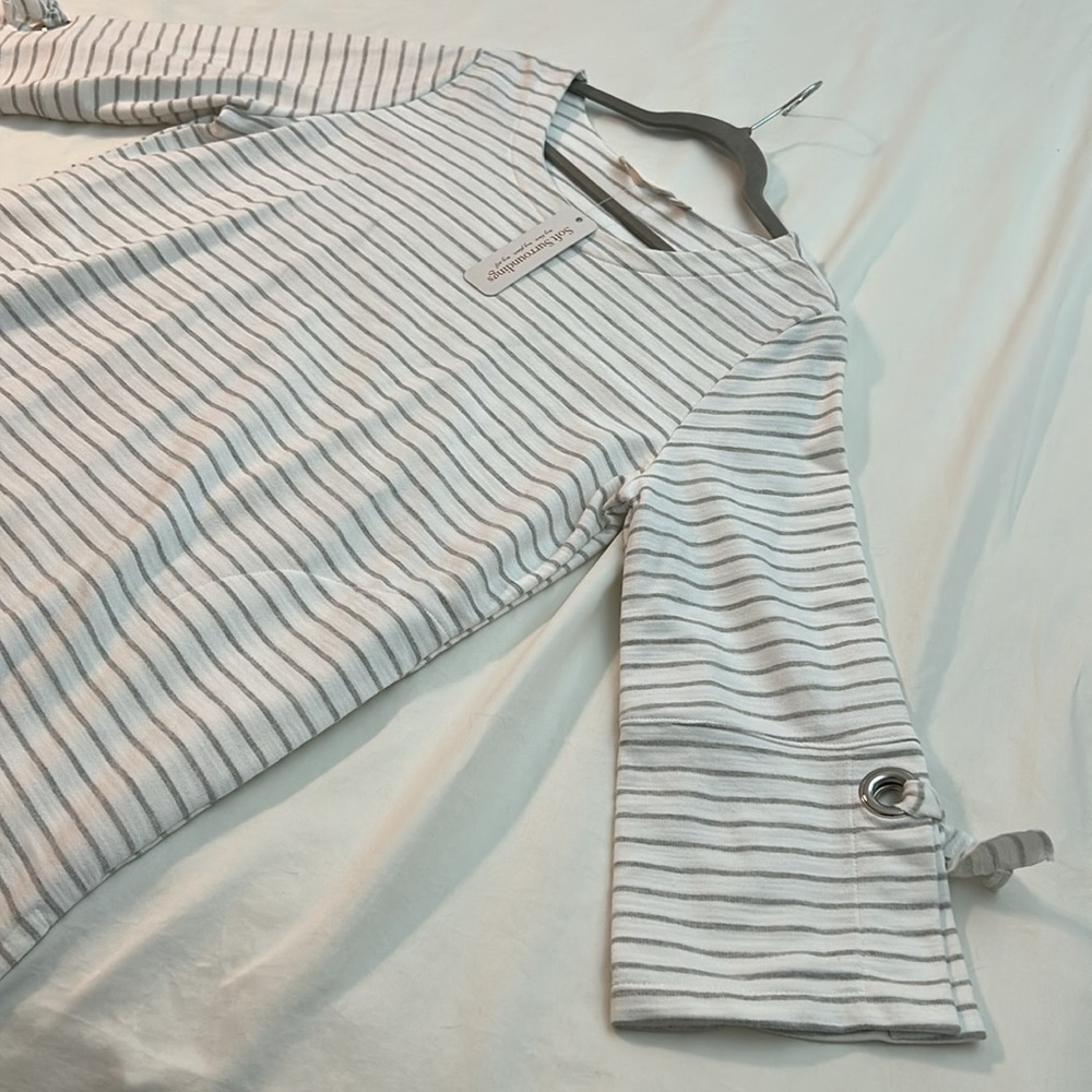 Soft Surroundings Go Anywhere Gray and White Striped Top, Large, NWT